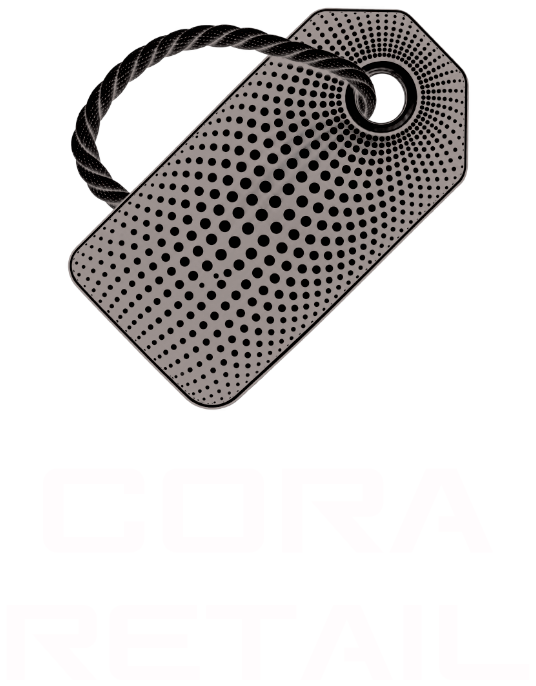 Cora Retail stacked logo, high contrast white